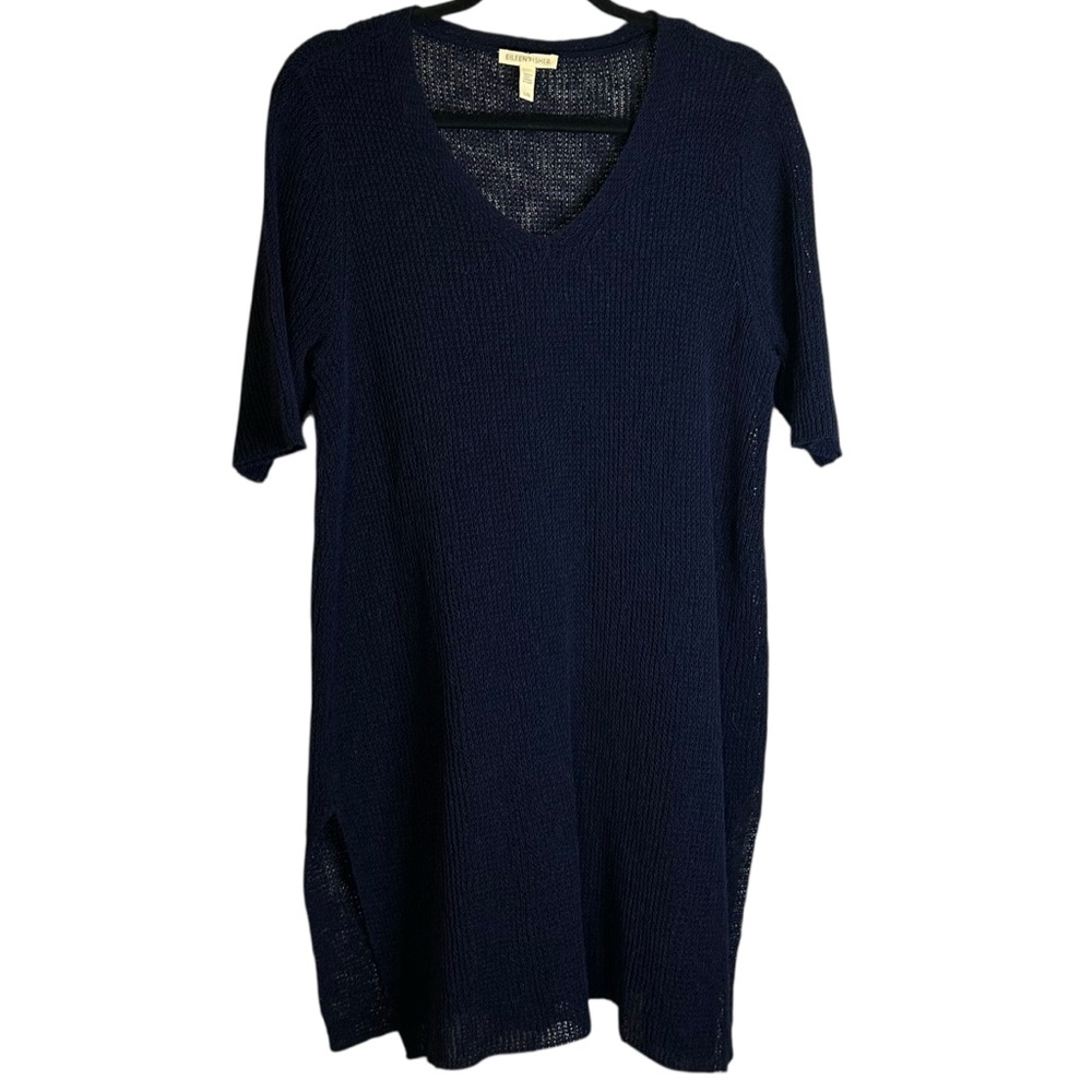 Eileen Fisher Navy V-Neck Open‎ Knit Tunic Dress Coverup Beachy Cruise Luxury L